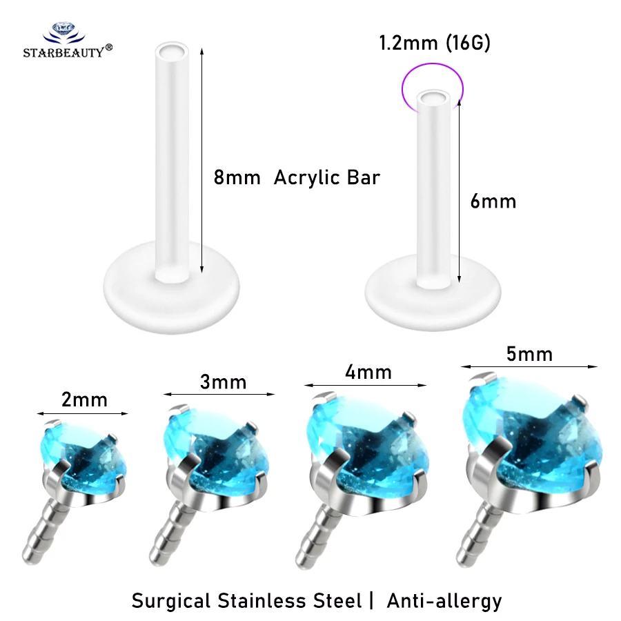 4Pcs 2~5mm CZ Soft Acrylic Nose Stud Earrings Flat Back Labret Lip Piercing Ear Jewelry Tragus Helix Piercing 16G 6/8mm Post