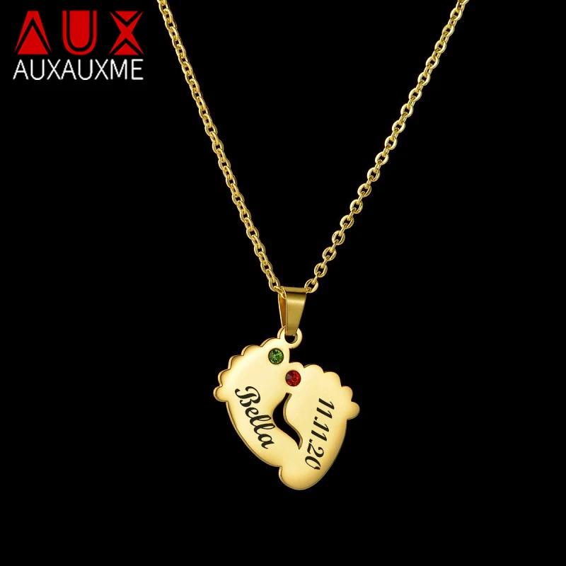 

Auxauxme Personalized Birthstone Baby Foot Necklace Stainless Steel Engrave Name Date Pendant Choker for Mom Kids Jewelry Gifts