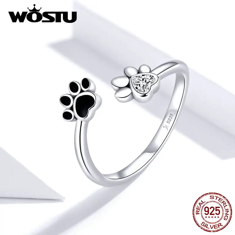 WOSTU 100% 925 Sterling Silver Paw Dog Pets\' Footprint Ring For Women Wedding Engagement Adjustable Rings Fashion Jewelry CQR605