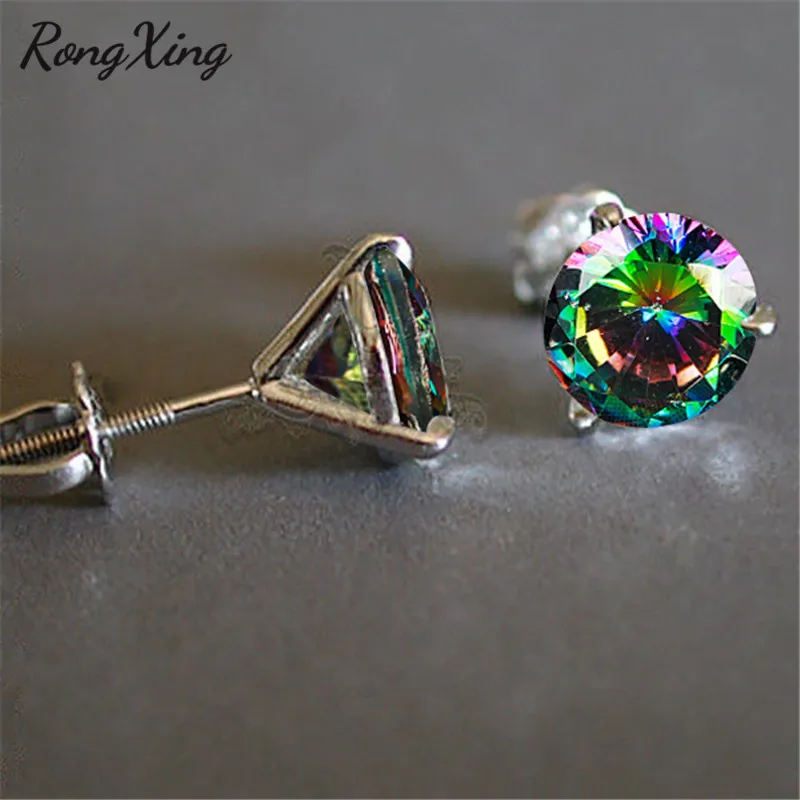 6MM Round Rainbow Zircon 3 Claw Spiral Stud Earrings for Women Multicolor Crystal Dainty Wedding Jewelry Gift