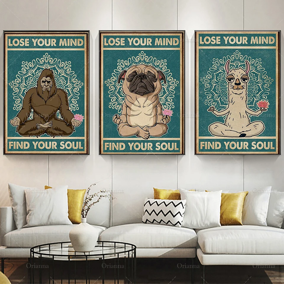 Pug Yoga - Retro Find Your Soul Pug Yoga Vertical Home Decor Wall Art  - Funny Dog Yoga Poster - Vintage Hippie Yoga Poster