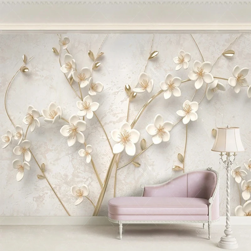 

Custom Photo Mural Modern 3D Embossed White Flowers Branches Wallpaper For Bedroom Living Room Wall Covering Home Decor Fresco