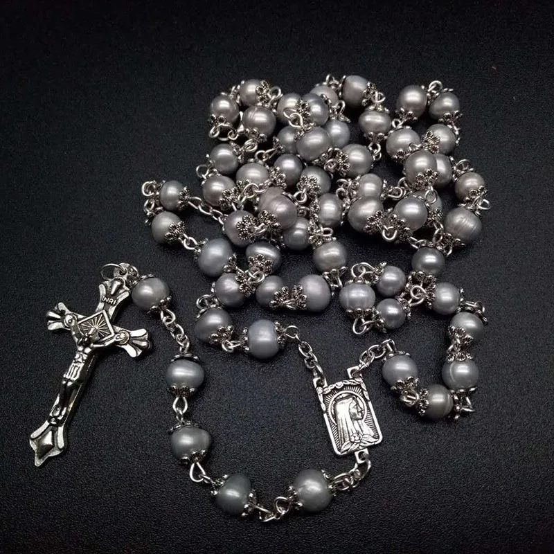 Religious natural freshwater pearl rosary high quality curved needle cross necklace Catholic and can be given as gift can prayer