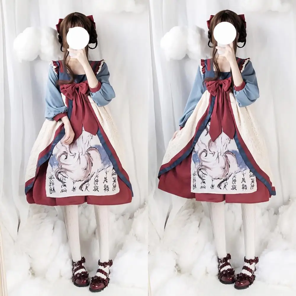 

Sweet lolita victorian printing kawaii girl Ink national style lace breasted Chinese element dress loli cos gothic lolita kimono