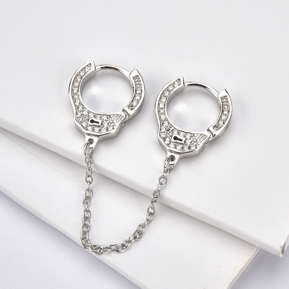 Kikichicc 925 Sterling Silver 8.5mm Handcuff Hoops Double Huggies Cuffs Chain Women CZ Zircon Earring Rock Punk Girl Jewelry
