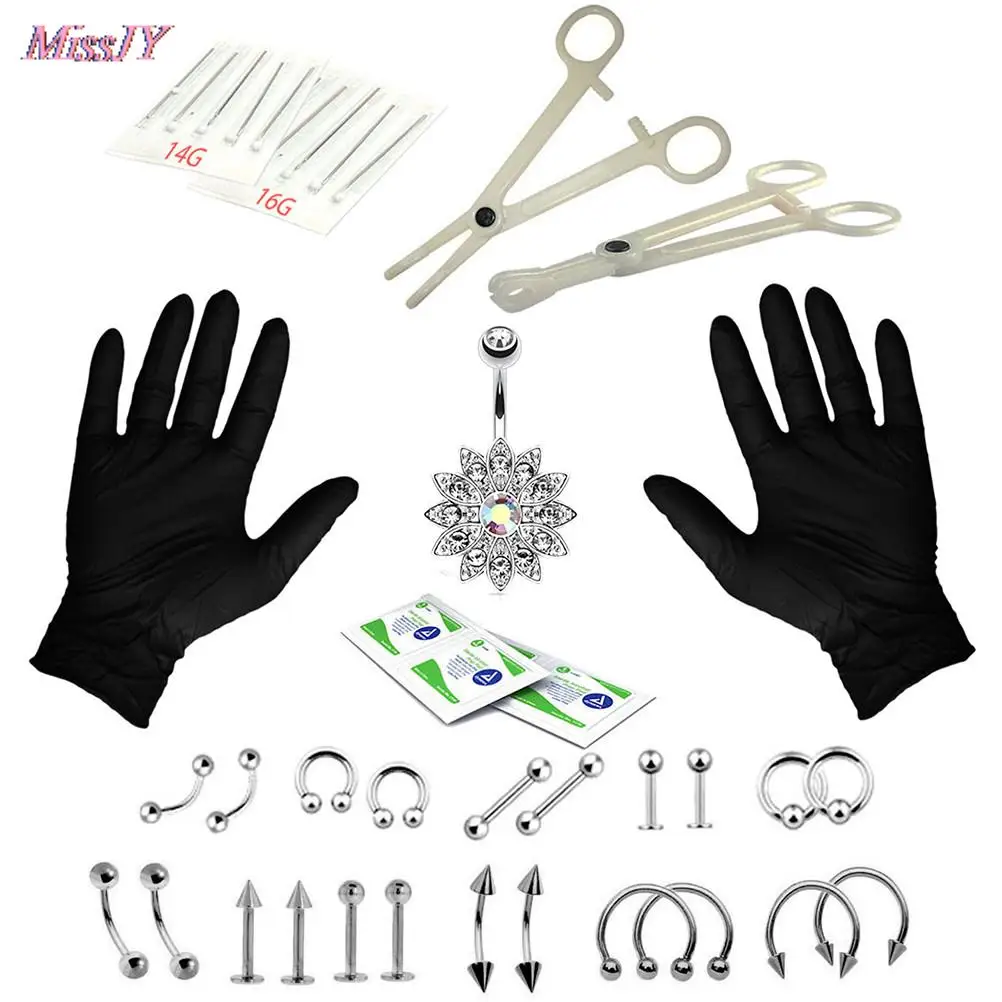 1 Set 14G 16G Professional Piercing Navel Tool Kit Stainless Steel Belly Ring Tongue Tragus Nipple Lip Eyebrow Nose Body Jewelry