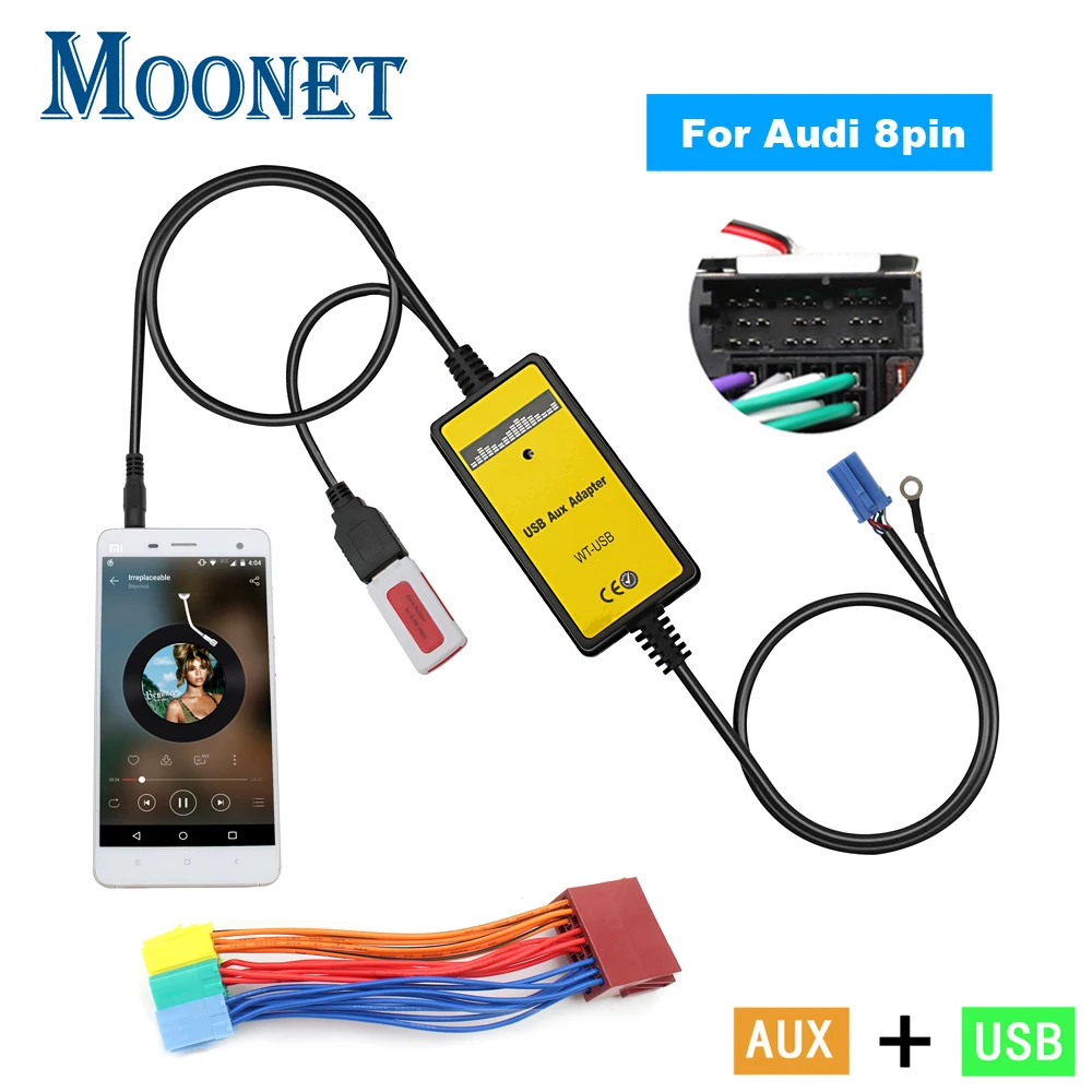 Moonet Car Audio USB AUX Input Adapter (8pin) with 20pin Wiring Harness for Audi A2, A3, A4/S4, A6/S6, A8/S8, TT, All Road