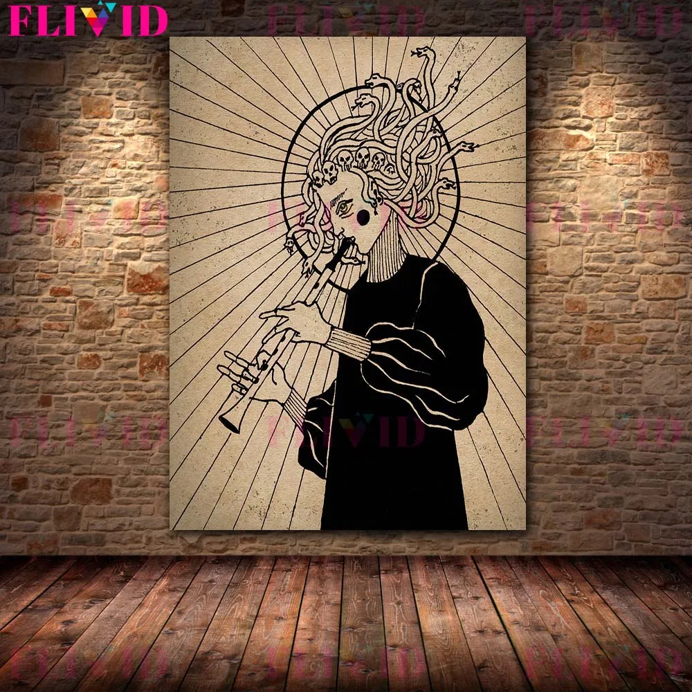 ساحرة القمر الفن طباعة بابا ياجا و ميدوسا خمر الرسم على لوحات القماش الجدارية ديكور المنزل المشارك والمطبوعات غير المؤطرة