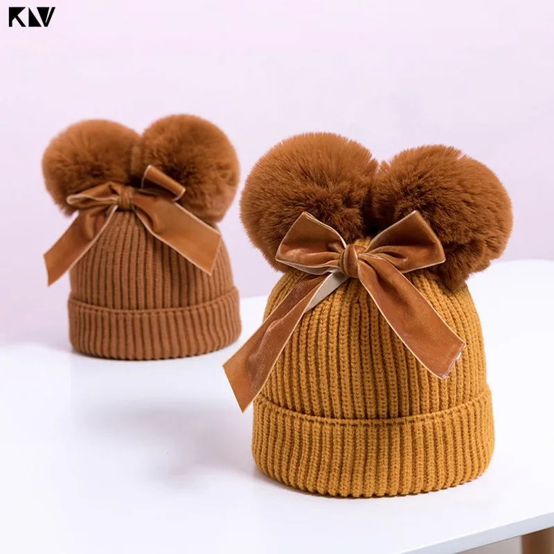 KLV – chapeau tricoté pour bébé fille, chaud, épais, à Double pompon, pour enfant