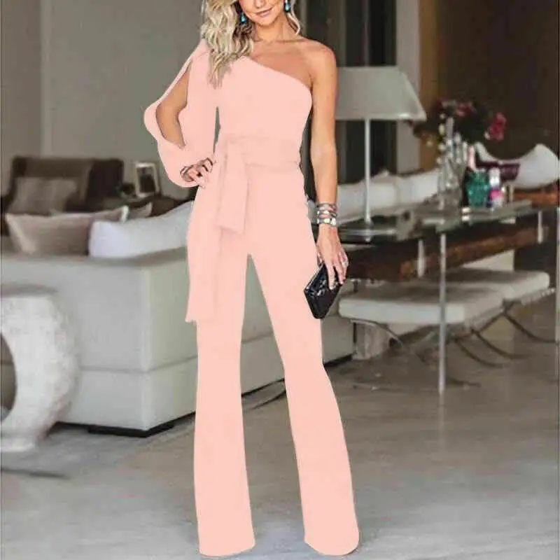 Women Long Sleeve Jumpsuit Fashion Summer Solid Color One Shoulder Jumpsuits