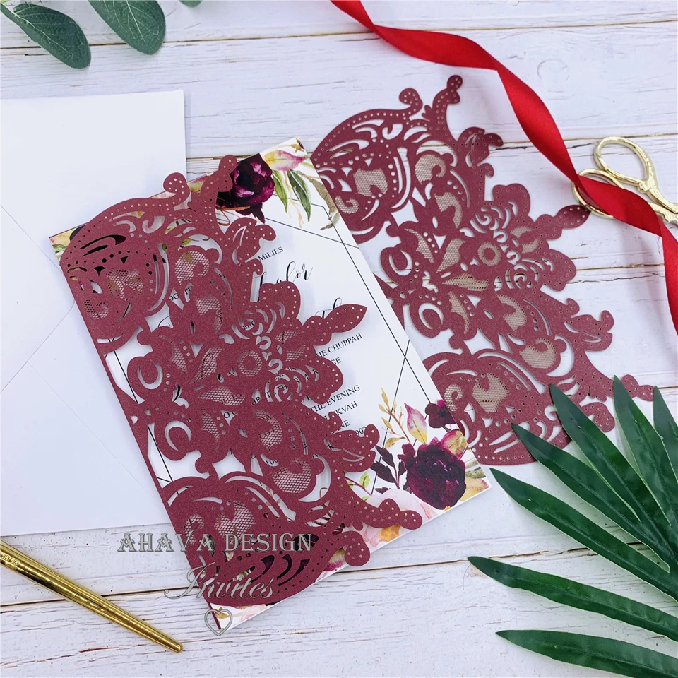 

Burgundy Laser Cut Warp with Burgundy and Blush Floral on Invitation-Geometric Garden