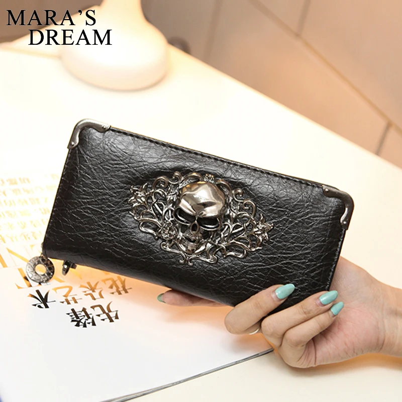 Mara\'s Dream Long Wallets Fashion Metal Skull Pattern PU Leather Women Wallets Portable Casual Lady Cash Purse Card Holder  Gift