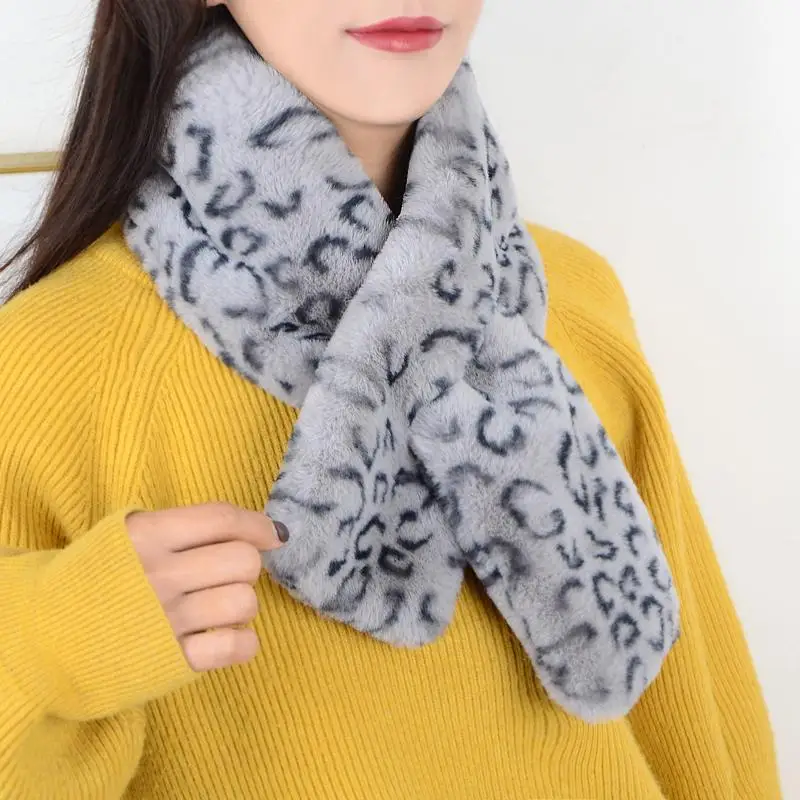 Korean Leopard Print Plush Scarf Winter Faux Rabbit Fur Thicken Warm False Collar Zebra Pattern Cross Neck Guard Warm Snood N37