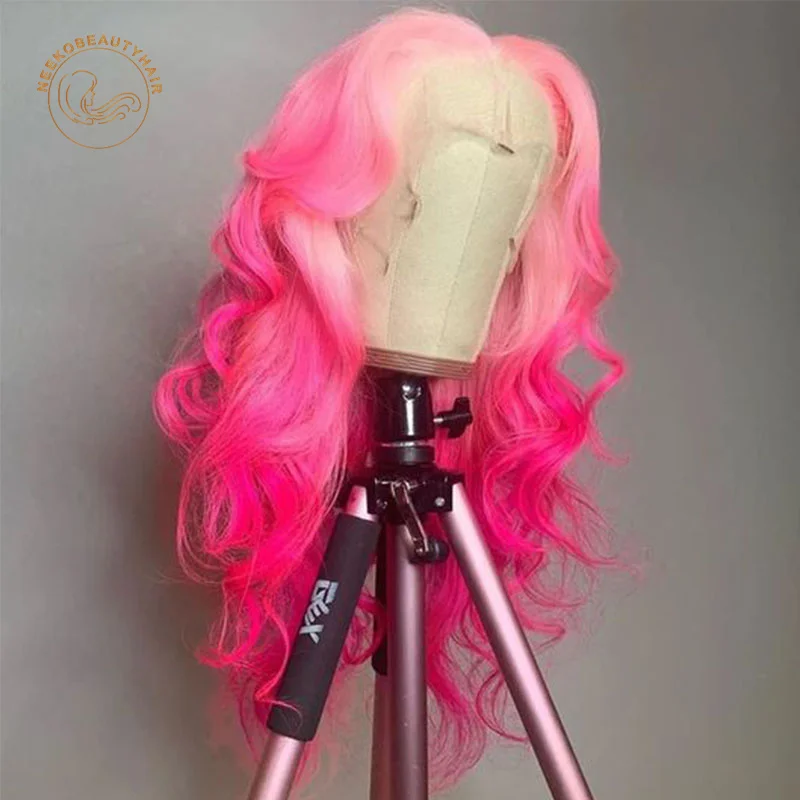 Peluca de cabello humano ondulado, postizo de encaje Frontal, ombré, rosa claro, rosa oscuro, 13x4, 180% de densidad, 2 tonos de color