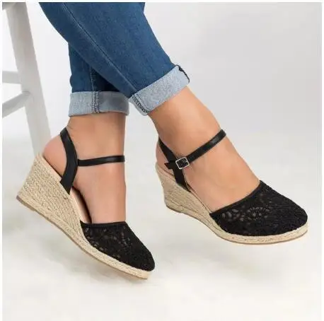 Beige Heeled Sandals Large Size Clogs Wedge Buckle Comfort Shoes for Women Black Big Platform High Girls Velvet Back Strap PU Ru