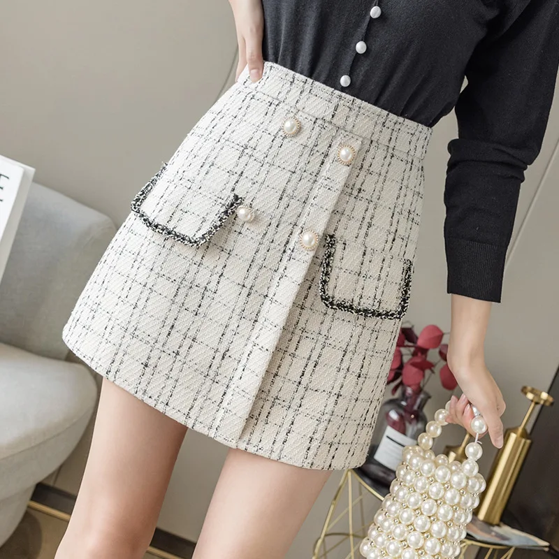 Autumn winter plaid high waist slimming tweed button A- line fake pocket mini sexy school girls short wrap skirt skirts womens