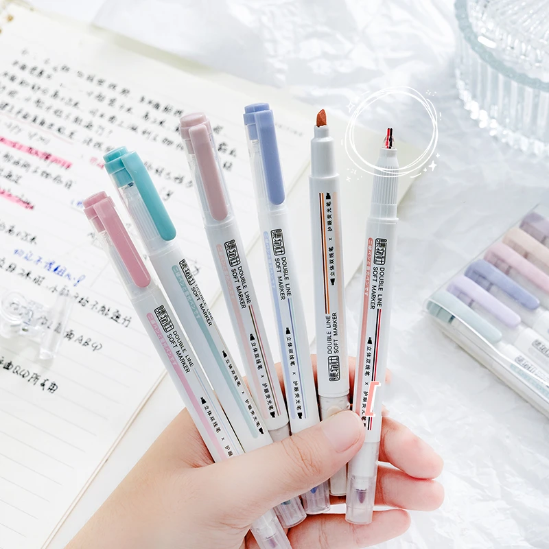 6pcs Double Line Soft Marker Pens Set Dual Side 2 Lines Gel & Color Highlighter for Art Drawing Spot Liner Office School F295