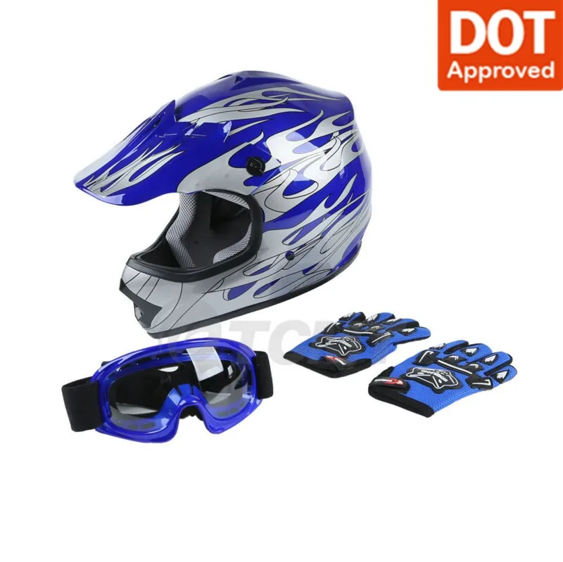 Motorcycle Youth Kids Helmet Blue Flame Dirt Bike ATV Motocross Off-Road Helmet+Goggles Cycling Helmet casque moto full face