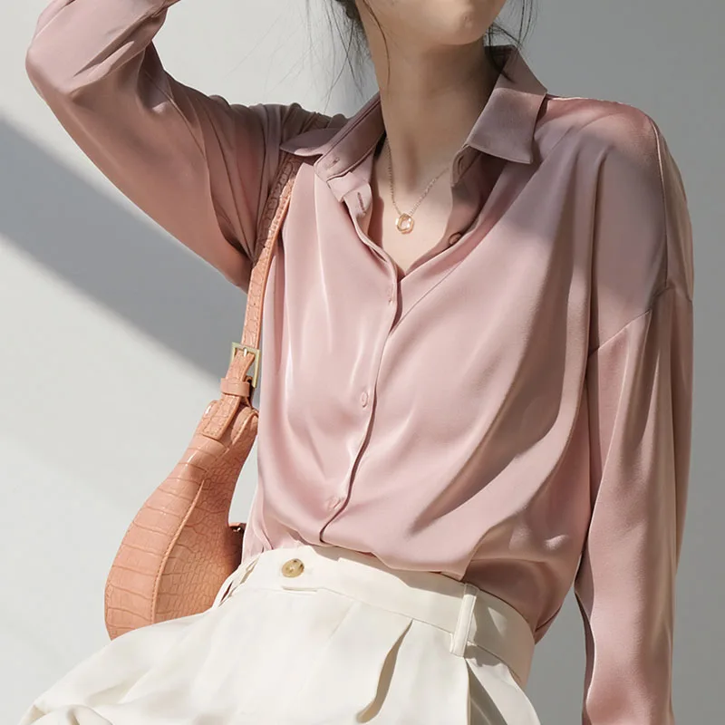 New Light Pink Satin Shirt Women\'s Loose Long Sleeve Solid Button Shirt Up Women Tops and Blouse Elegant Office Wear Ladies 2601