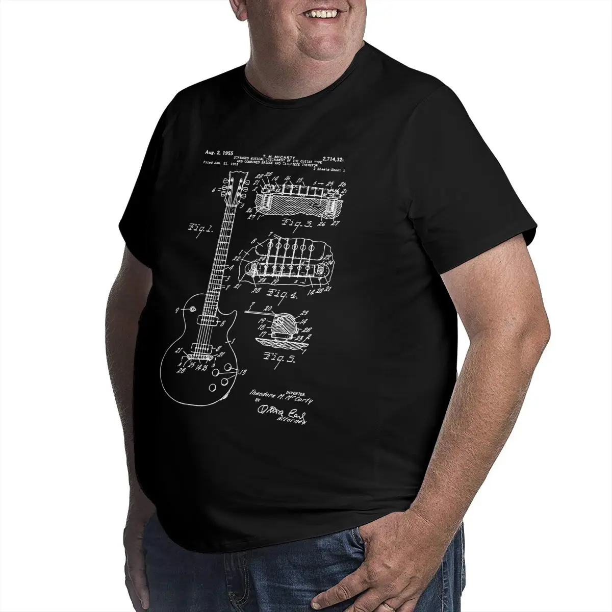 Patent Acoustic Electric Guitar Music T Shirt Men Humorous T-Shirts O Neck Big Tall Tees Short Sleeve Top Plus Size 4XL 5XL 6XL