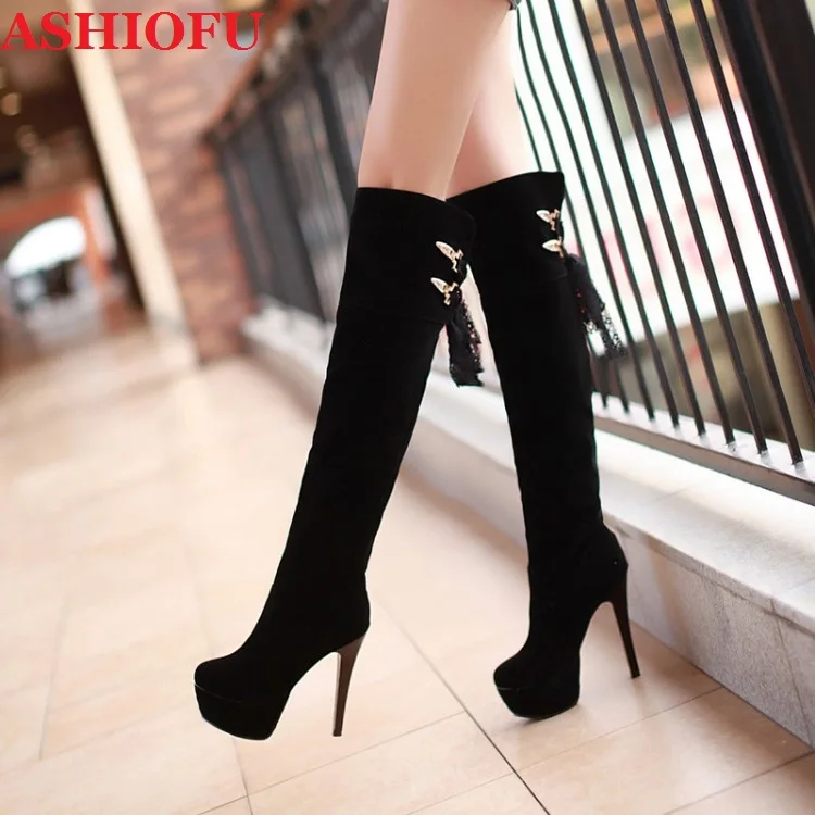 ASHIOFU Handmade New Ladies High Heel Platform Boots Buckles Lace Party Wedding Over Knee Boots Evening Club Fashion Winter Boot