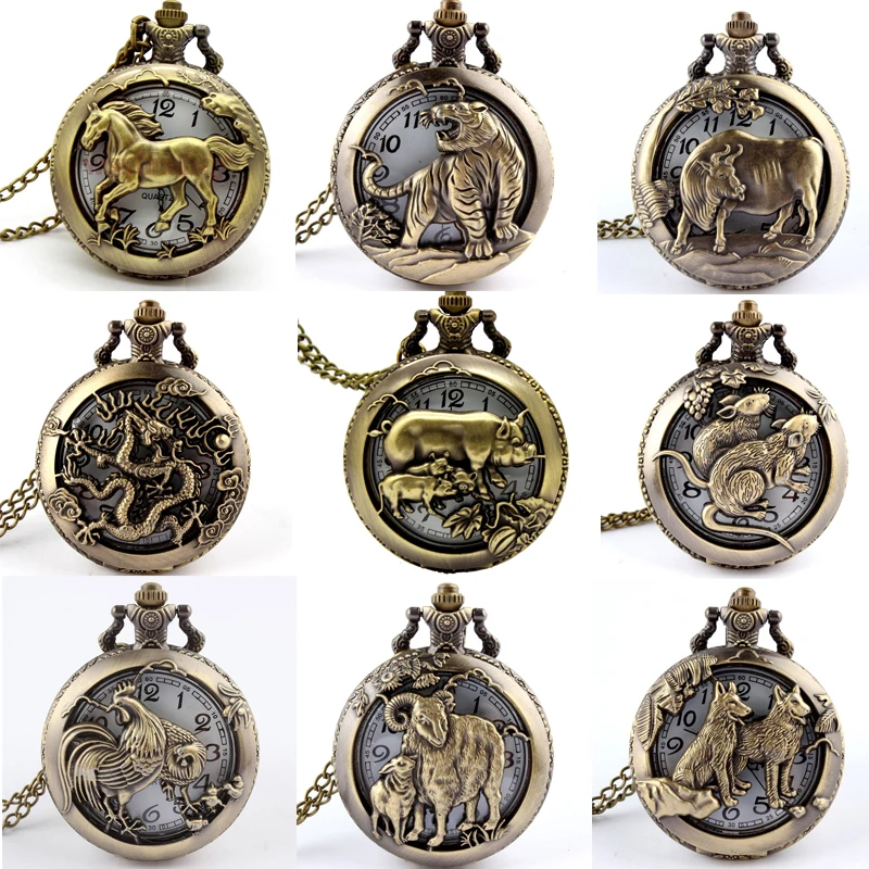 Retro Antique Chinese Zodiac Openwork Pendant Necklace Mens Round Bronze Pocket Fob Watch Boy USSR Relogio De Bolso Gifts Dog