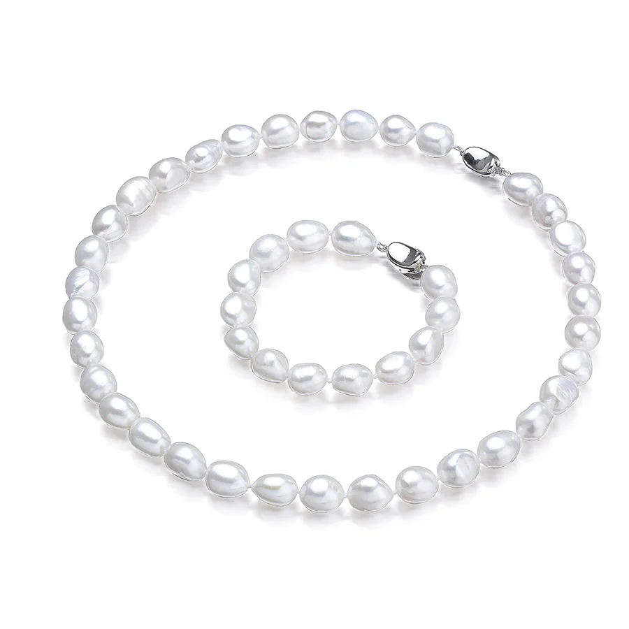 Dainashi White Natural Freshwater Pearl Baroque Bracelet&Necklace Jewelry Set 925 Sterling Silver Clasp Fine Gift For Women