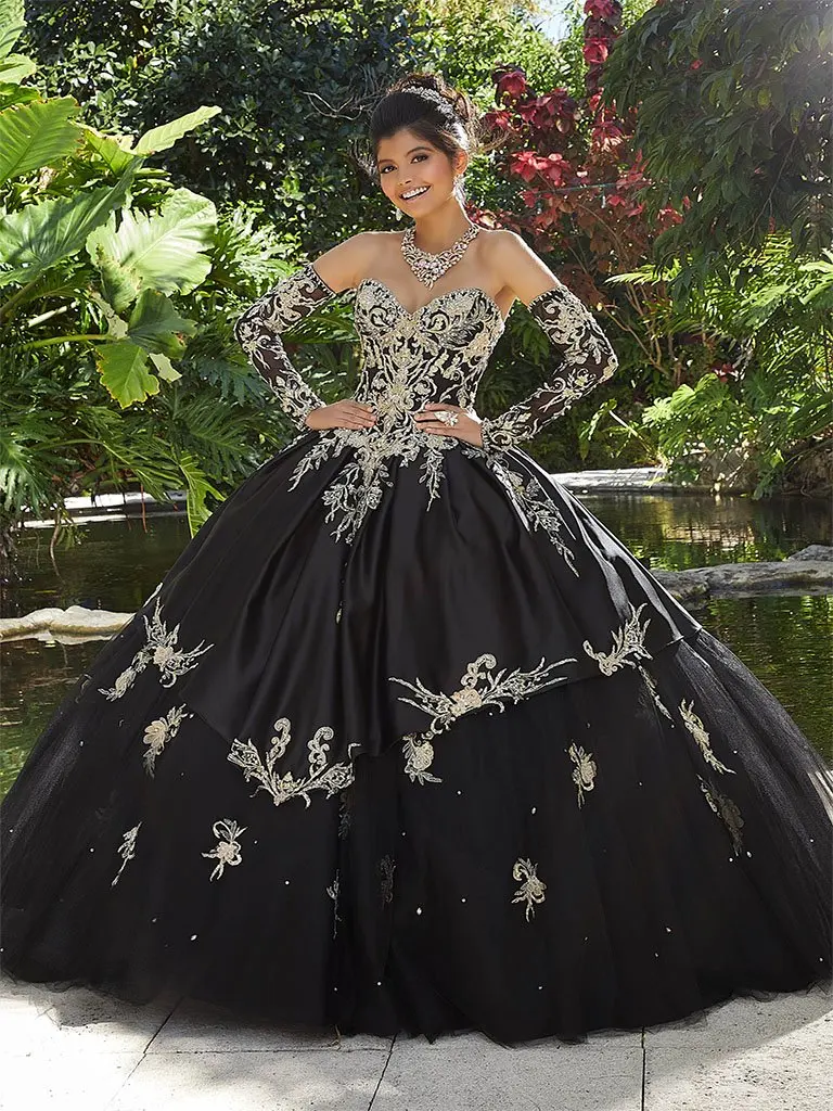 Schwarz Günstige Quinceanera Kleider Ballkleid Schatz Satin Abnehmbare Ärmel Perlen Applique 15 Jahre Prinzessin Stil