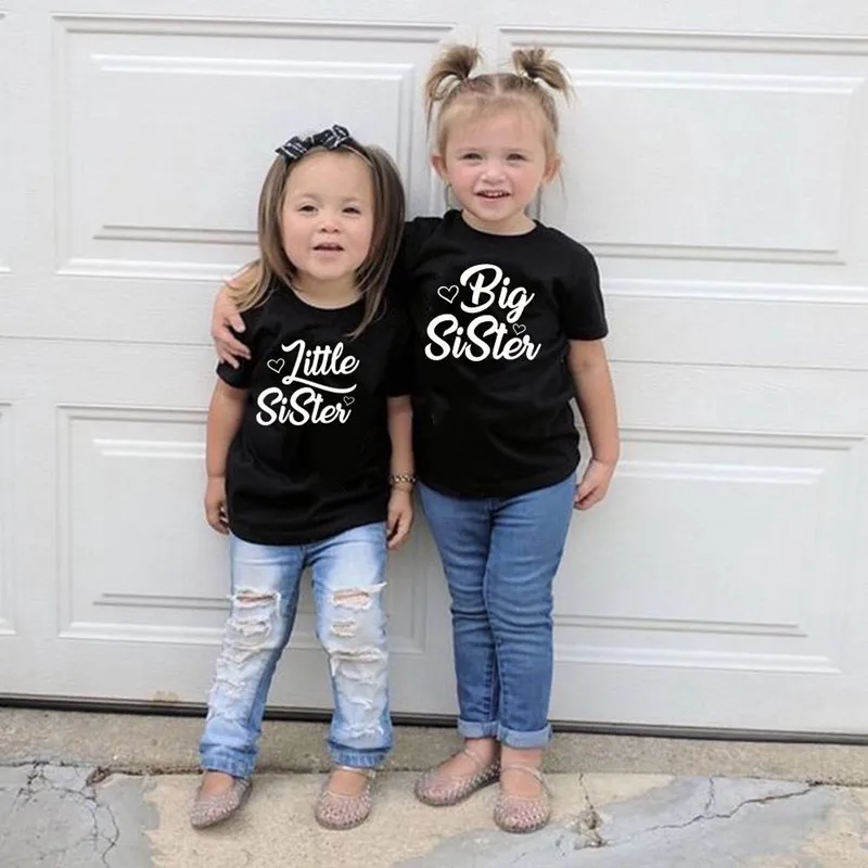 

Kids Girls Clothes Big Sister Litter Sister Black T-Shirt Summer Short Sleeve Tee Shirt Children Tee Matching Outfits