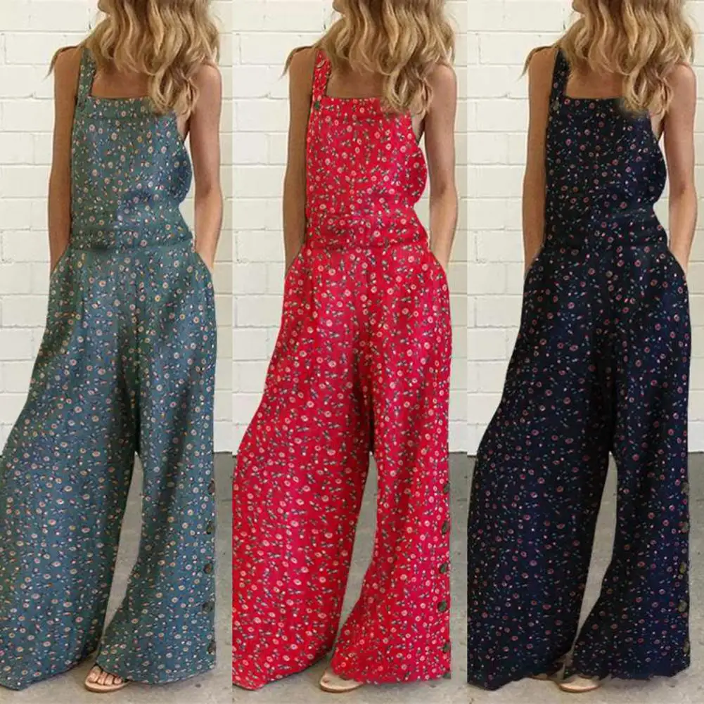 2022 Jumpsuit Vrouwen Casual Losse Lange Romper Bloemen Vierkante Kraag Afdrukken Hoge Taille Backless Jumpsuit W/Pocket Комбинезон Женский