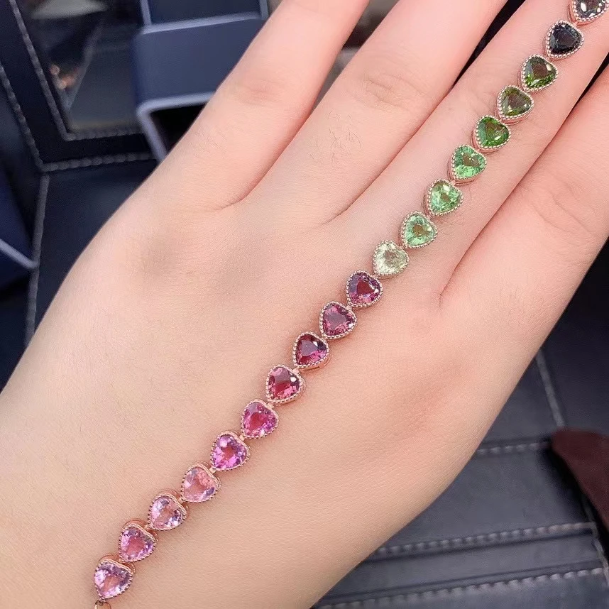 Fine Jewelry 925 Sterling Silver Inset With Natural Gem Women's Popular Exquisite Heart Color Tourmaline Hand Bracelet Support D