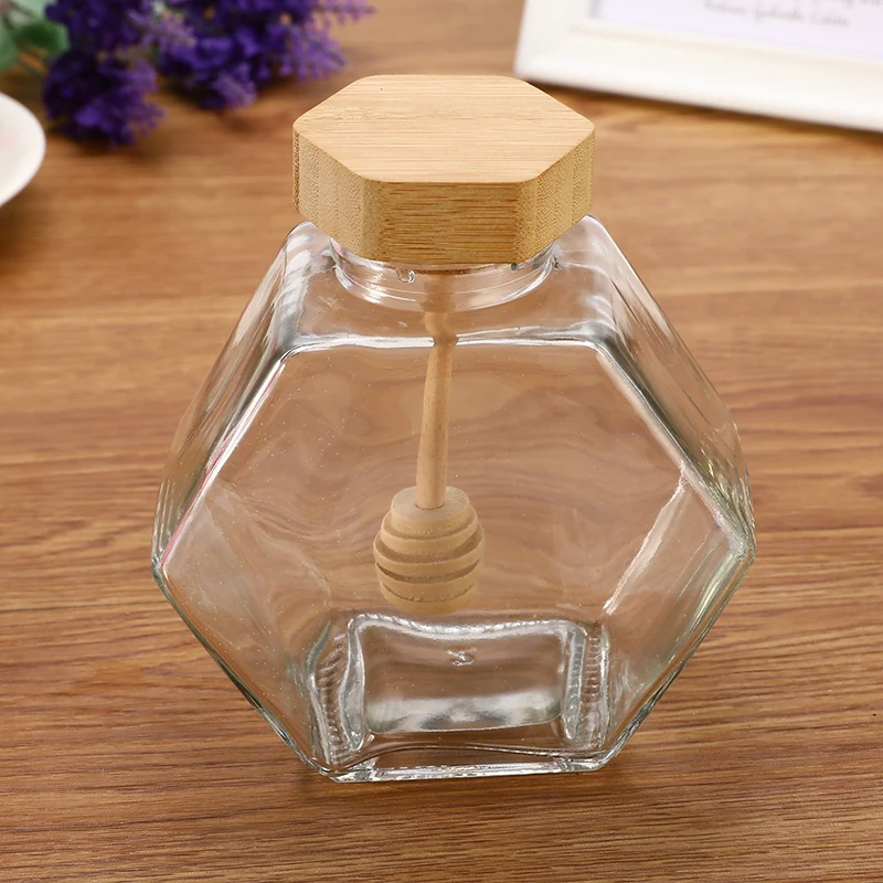 X60 Honey Pot 220ml/8oz Volume 12oz Honey Weight Hexagonal Glass Honey Jar with Wooden Dipper Cork Lid Cover for Home Kitchen