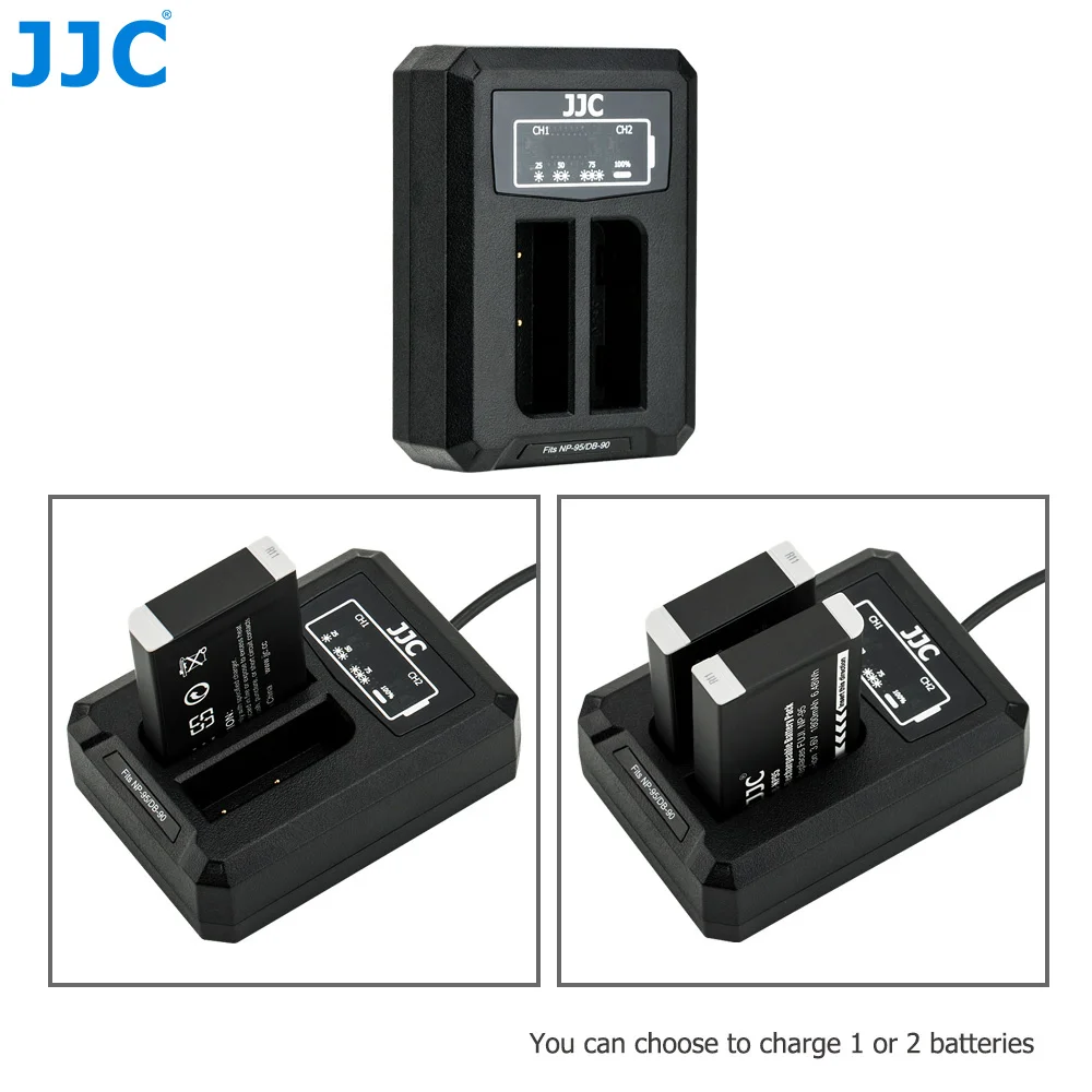 JJC USB Dual Battery Charger for Fujifilm NP-95 NP95 Ricoh DB-90 Batteries on Camera Fuji XF10 X100T X100S X100 Replaces BC-65N