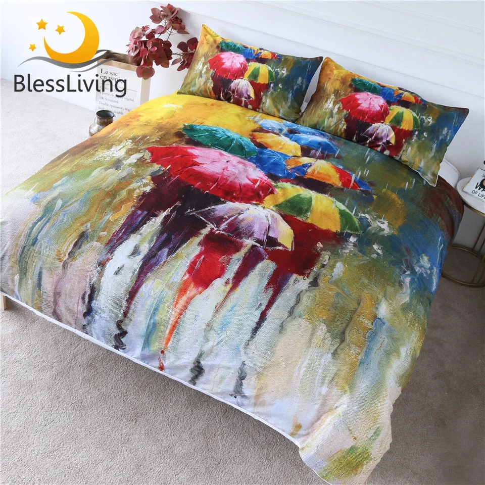 

BlessLiving Colored Umbrella Bedding Set Rainy Day Duvet Cover Set 3-Piece Oil Painting Printed Bed Cover Art Bedspreads Queen