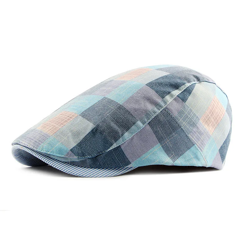 Spring Summer Color Plaid Newsboy Caps Men Polyester Flat Peaked Cap Women Painter Beret Hats 12