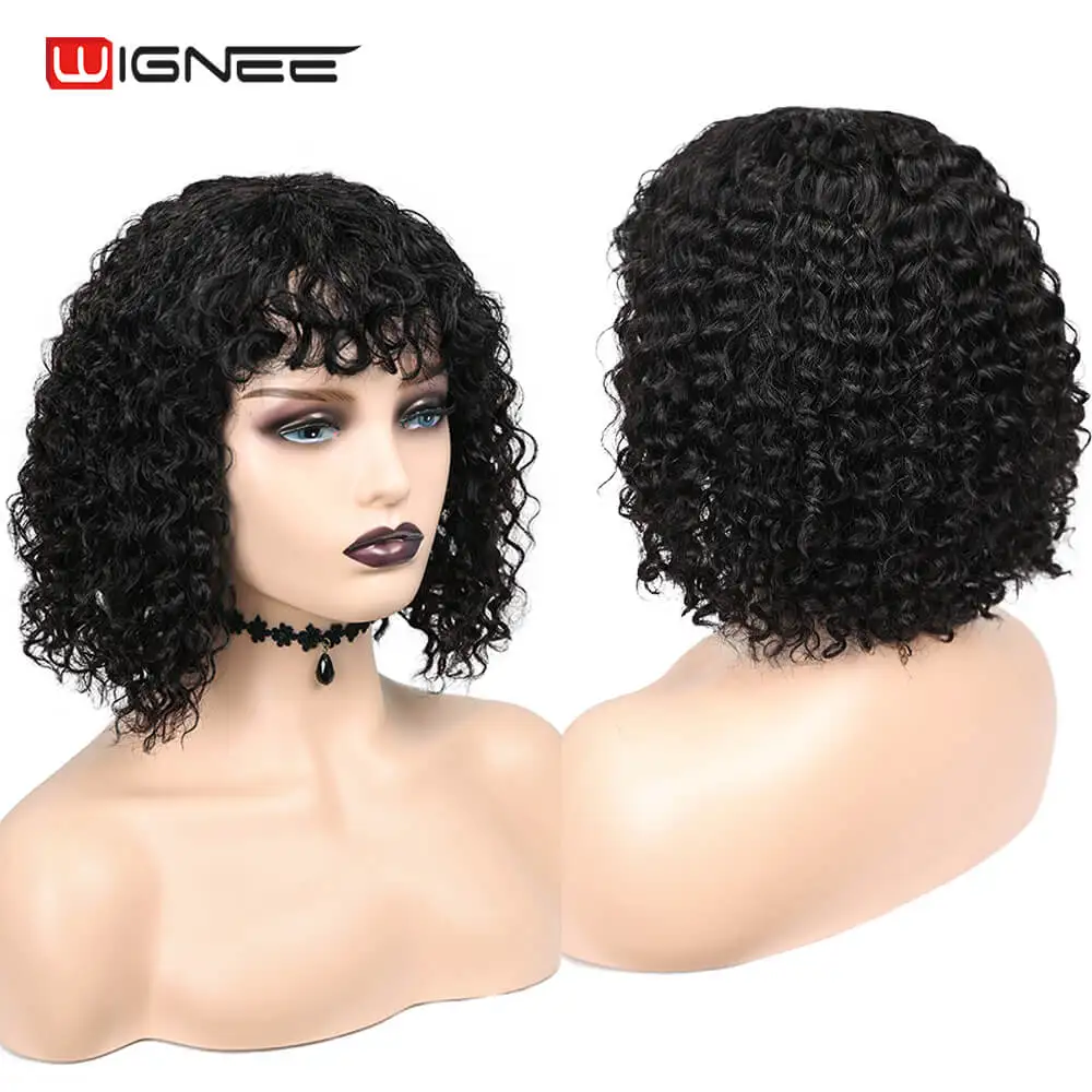 Wignee Curly Bob Human Hair Wig Afro Curly Wig With Bangs 150% Density Brazilian Remy Hair For Black Women  Popular Style Wig