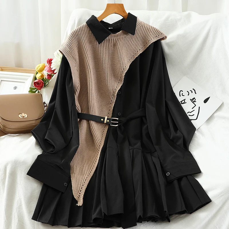 Two 2 Piece Set shirt Dress For Women Streetwear Pleated Midi Dress Irregular Knitted Vest Long sleeve Shirts 2023 Spring Autumn