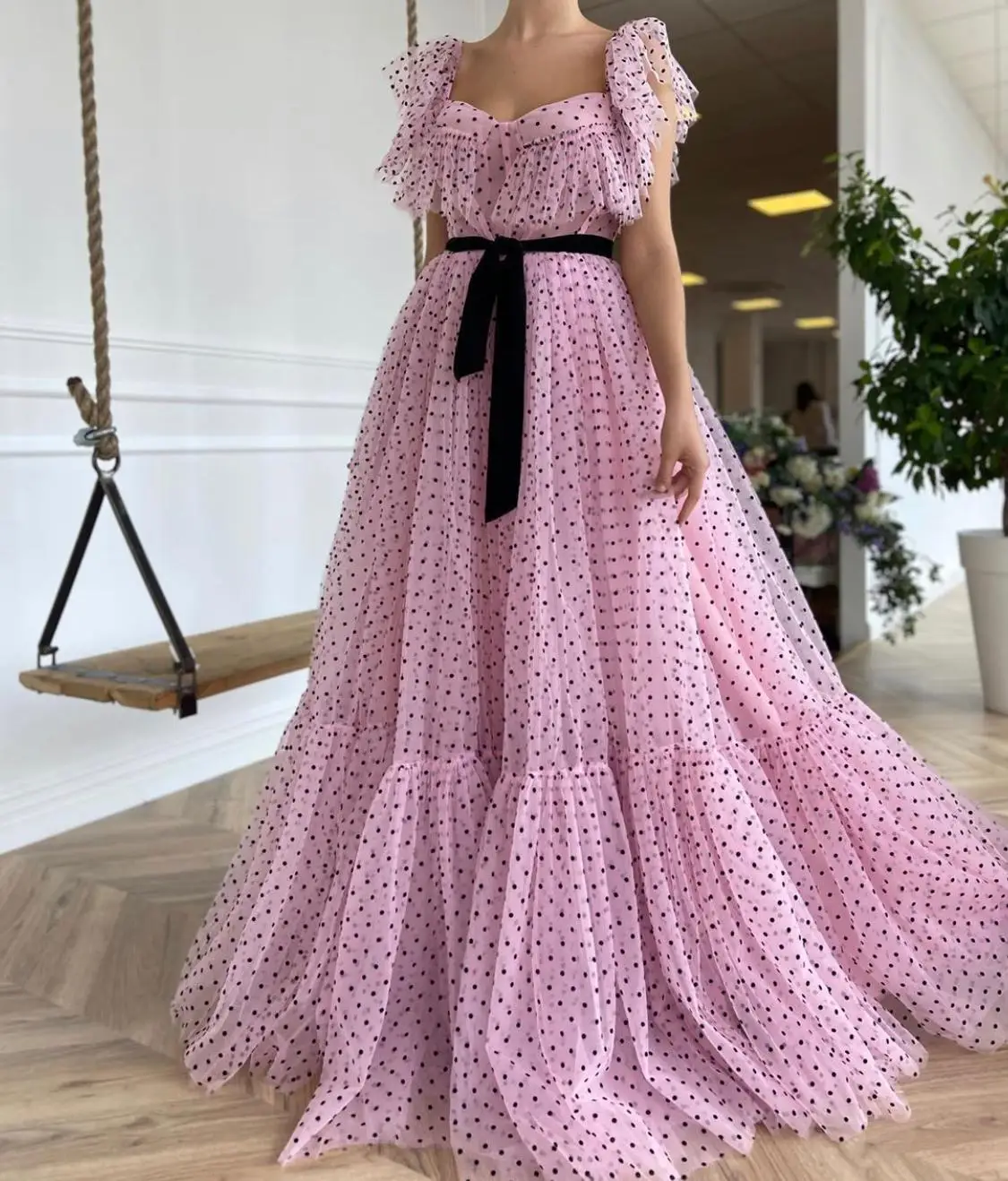 BridalAffair Pink Polka Dots Tulle Prom Dresses 2021 Off the Shoulder Ruffles Velvet Sashes A-Line Wedding Party Dresses