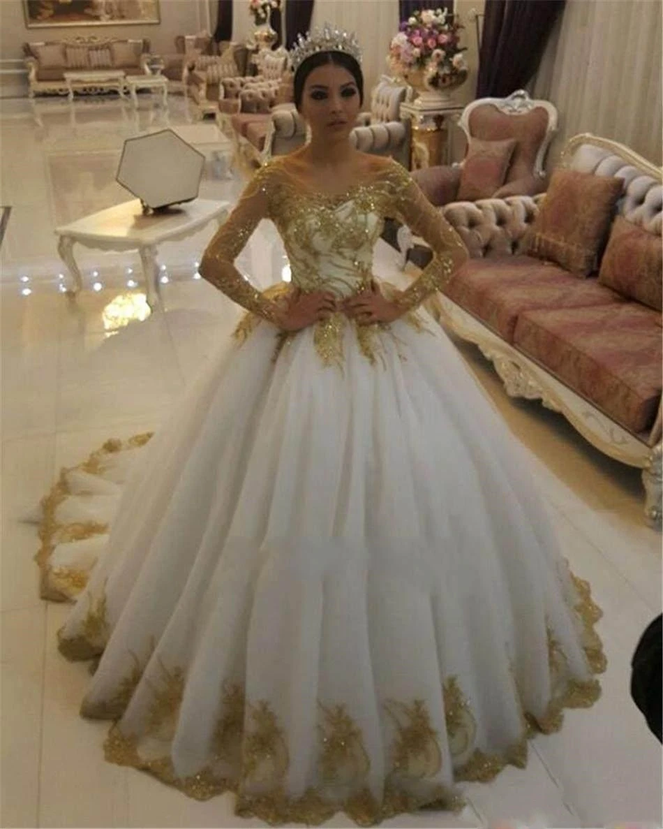 Abito da ballo dell'arabia saudita abito da sposa a maniche lunghe 2023 Applique in pizzo dorato abiti da sposa lunghi retrò Vestidos De Novia