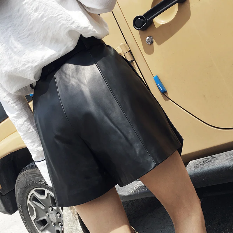 Waist High Shorts Women Punk Belted Loose Wide Leg Short Feminino Luxury Sheepskin Genuine Leather Shorts Streetwear Trousers