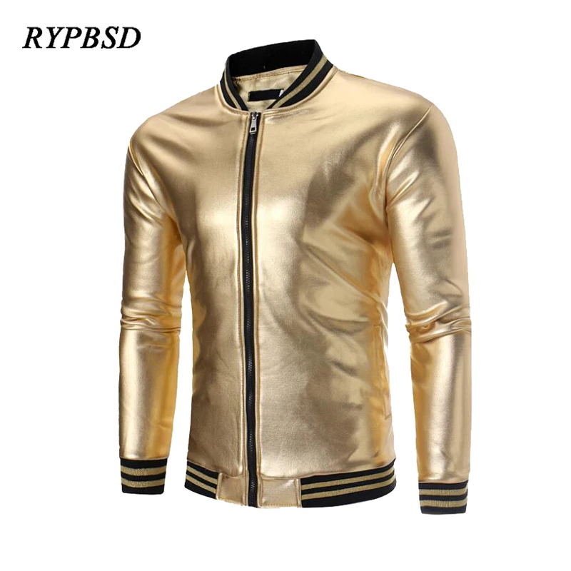 

Shiny Leather Bomber Men Autumn Winter Fashion Brand Nightclub Hip Hop Zipper Baseball Collar Streetwear Men Fleece Coat