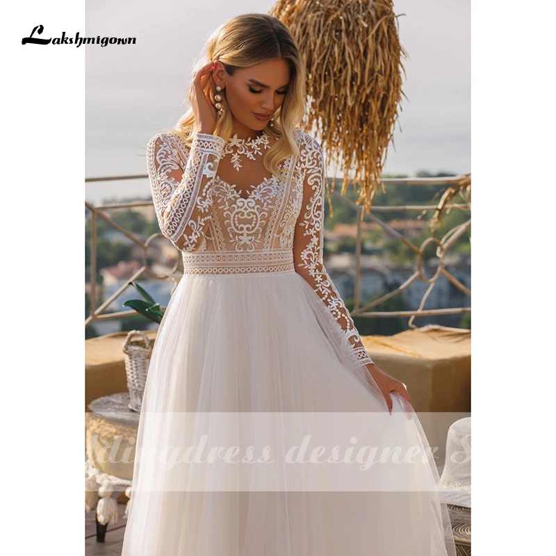 Vintage Long Sleeve Boho Wedding Dresses 2021 vestido de novia Lace High Neck Plus Size A Line Beach Bridal Gowns robe de mariee