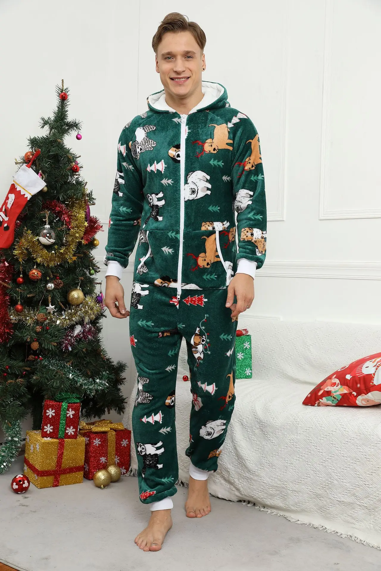 Pijama navideño de franela para hombre, ropa de dormir cálida y suave, mono de manga larga, Invierno