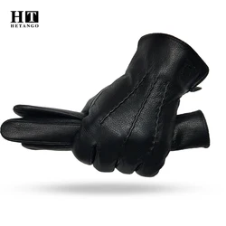 Gants en cuir à écran tactile pour hommes, mitaines chaudes, douces, noires, couture, design ondulé, peau de daim, doublure en laine imitée, hiver, nouveau, 2024