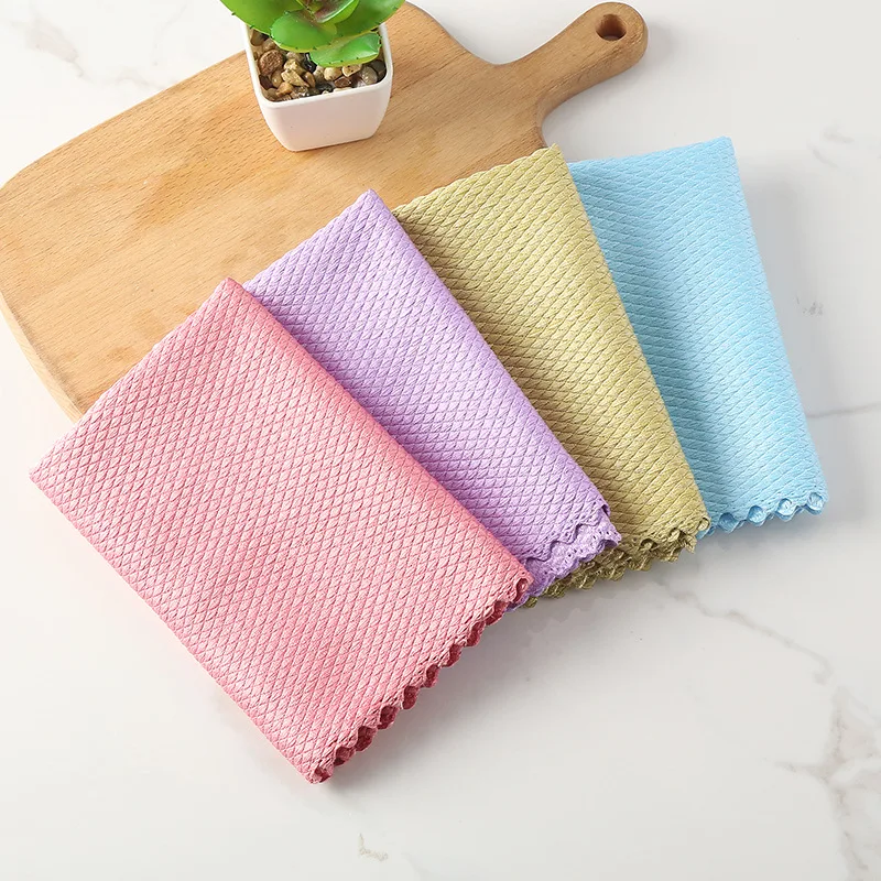 5Pcs Kitchen Microfiber Cleaning Cloth Anti-grease Wiping Rags Efficient Fish Scale Wipe Cloth Home Washing Dish Cleaning Towel