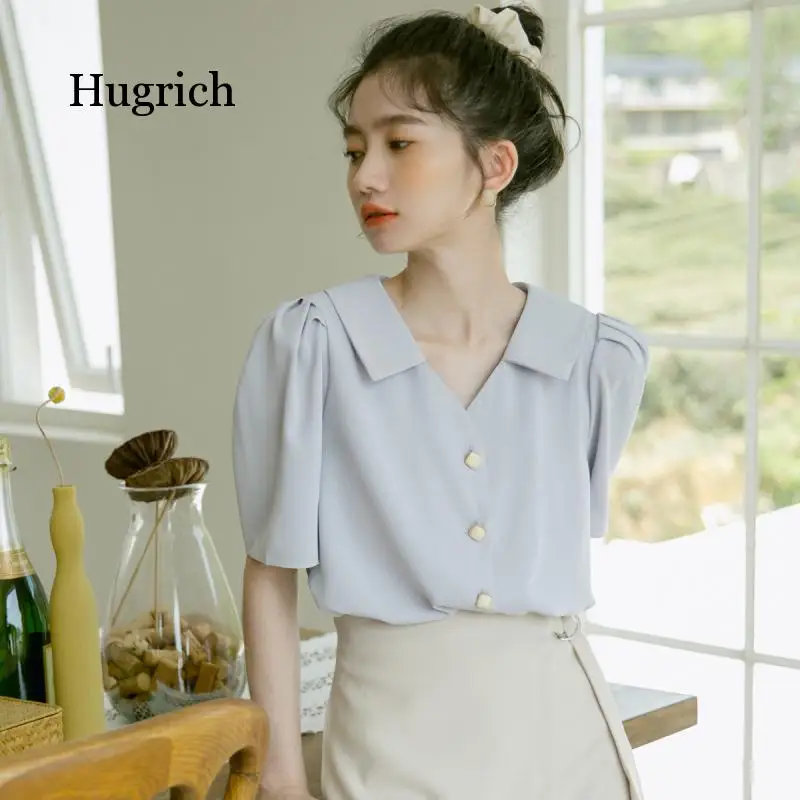 

2021 Summer French V-Neck Girl's Short Sleeve Chiffon Top Design Solid Color Causal Office Daily Wear for Girl