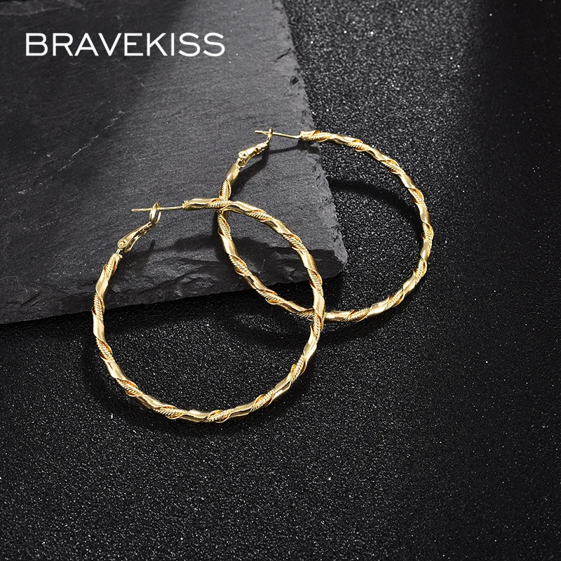 BRAVEKISS  Smooth & Brushed Winding Process Design Hoop Earrings for Women Fashion Earring Jewelry Dating Party Gift UE0693