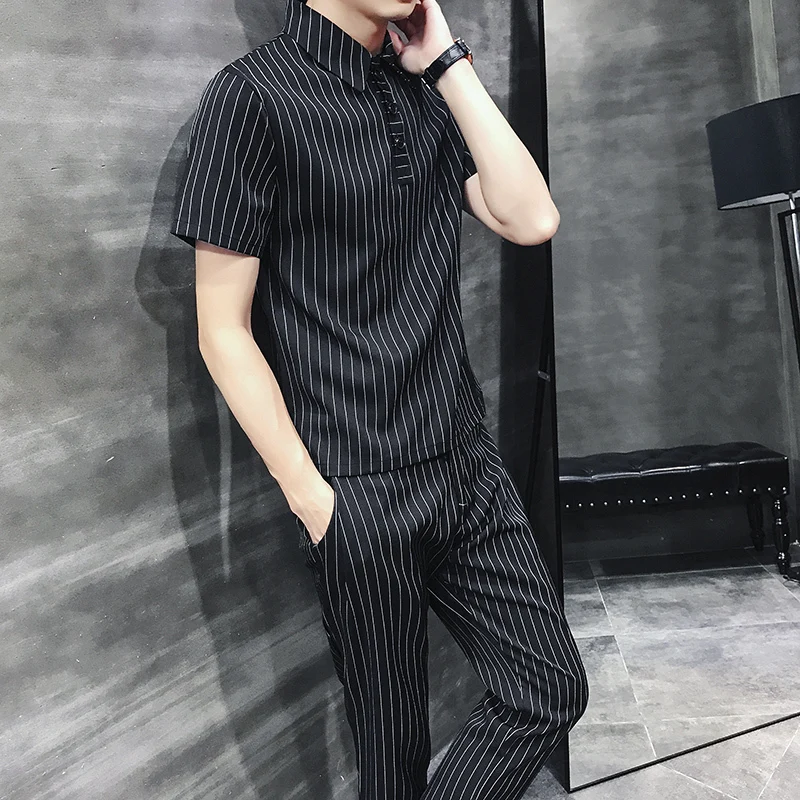 Summer Set 2020 Mens Striped Business Mens Clothing Mens 2 Pcs Set Social Club Black Erkek Giyim Slim Fit British Ropa De Hombre