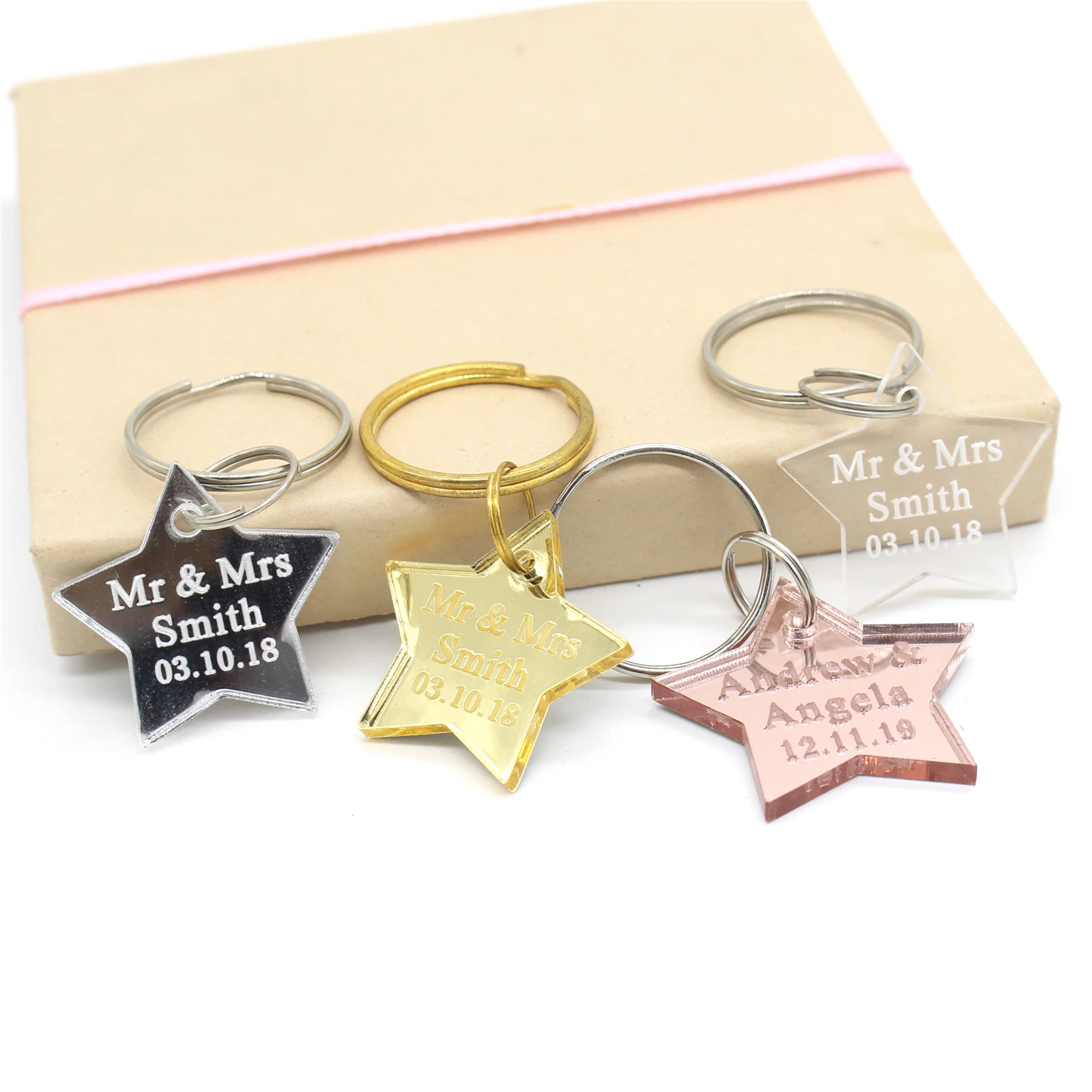 10 Piece Clear / Mirror Personalized Laser Engraved Key chain Star Birthday Party Favors Customized Baby Shower Keyring