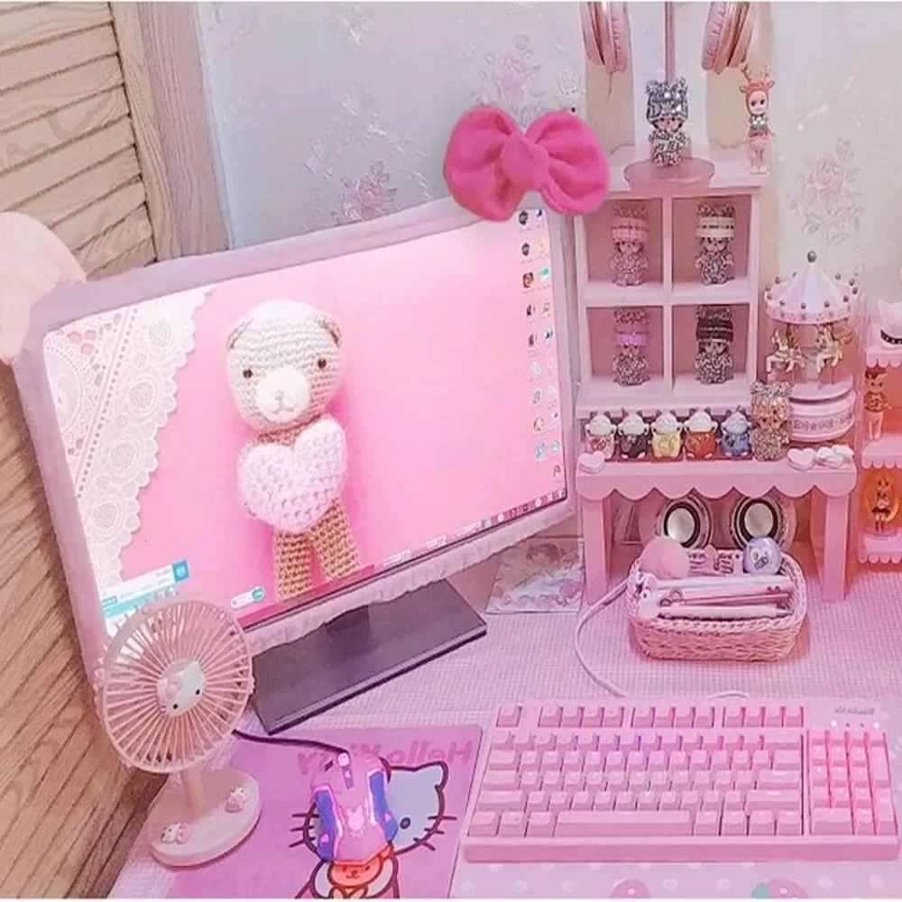 Pink Fabric Computer Frame Cover, Monitor Screen Dust Cover with Elastic Pen Pocket Bow, Cute Home Decorations